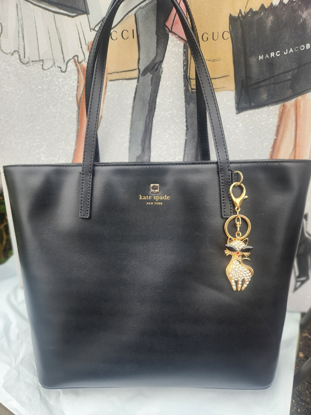 Kate Spade Black Leather Tote EUC w Free Unbranded Gold Cat Charm - Picture 3 of 12